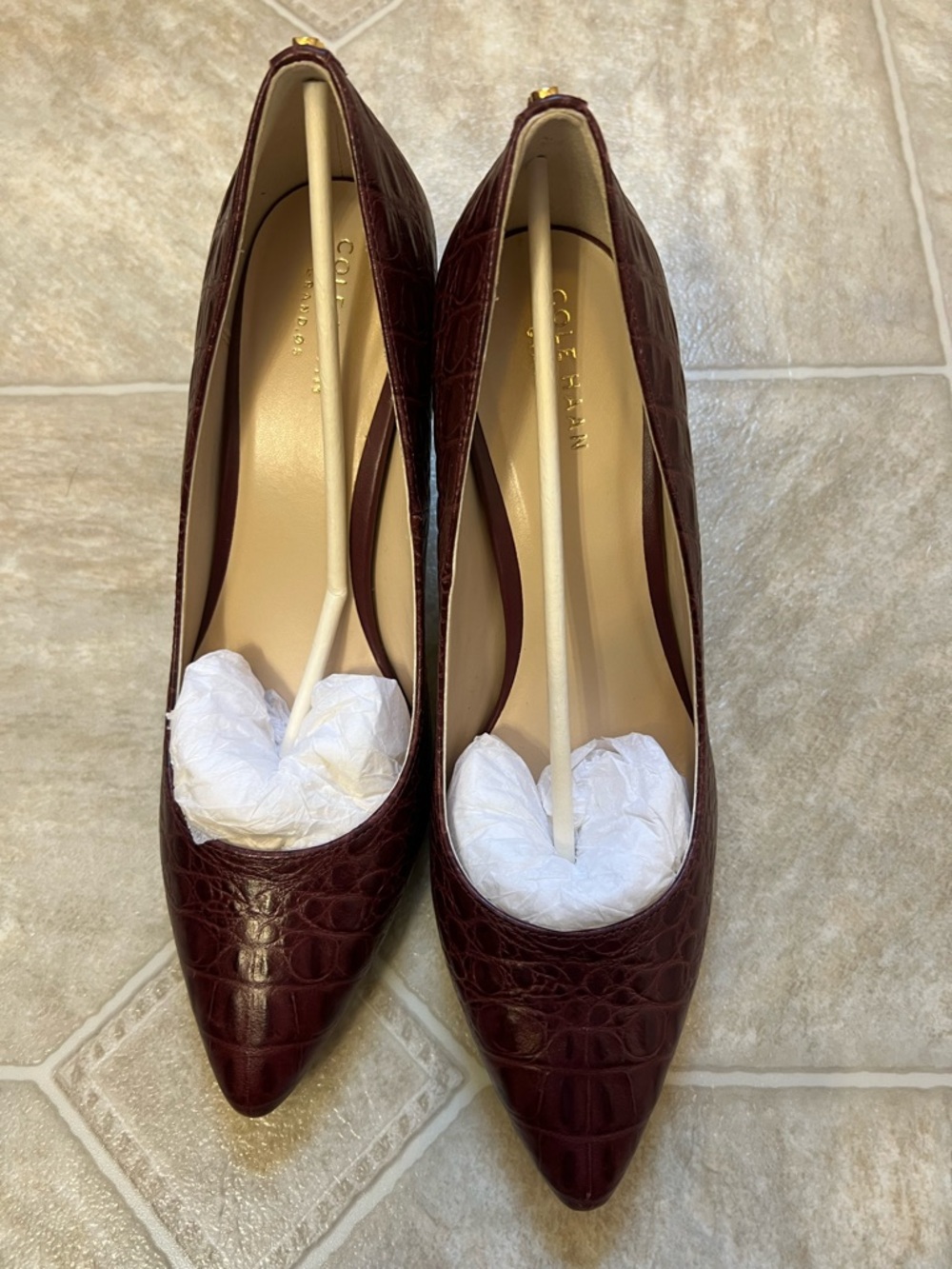Cole Haan Burgundy Croc-Embossed Pointed Toe Pumps